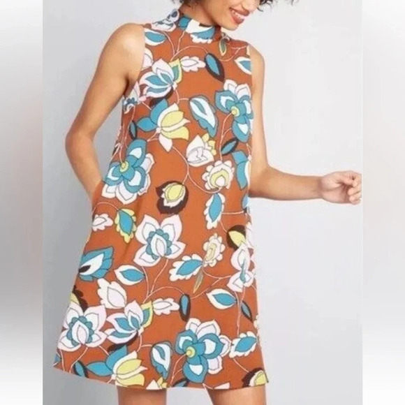 Modcloth In With Excitement Retro Floral Mock Neck Sleeveless Dress - Size Small - Picture 1 of 8